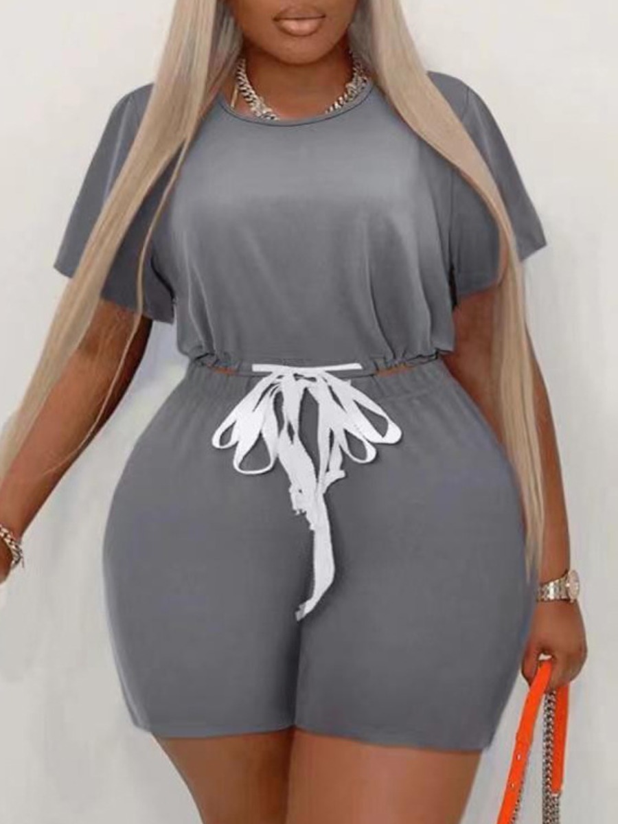 LW Plus Size Round Neck Drawstring Shorts Set