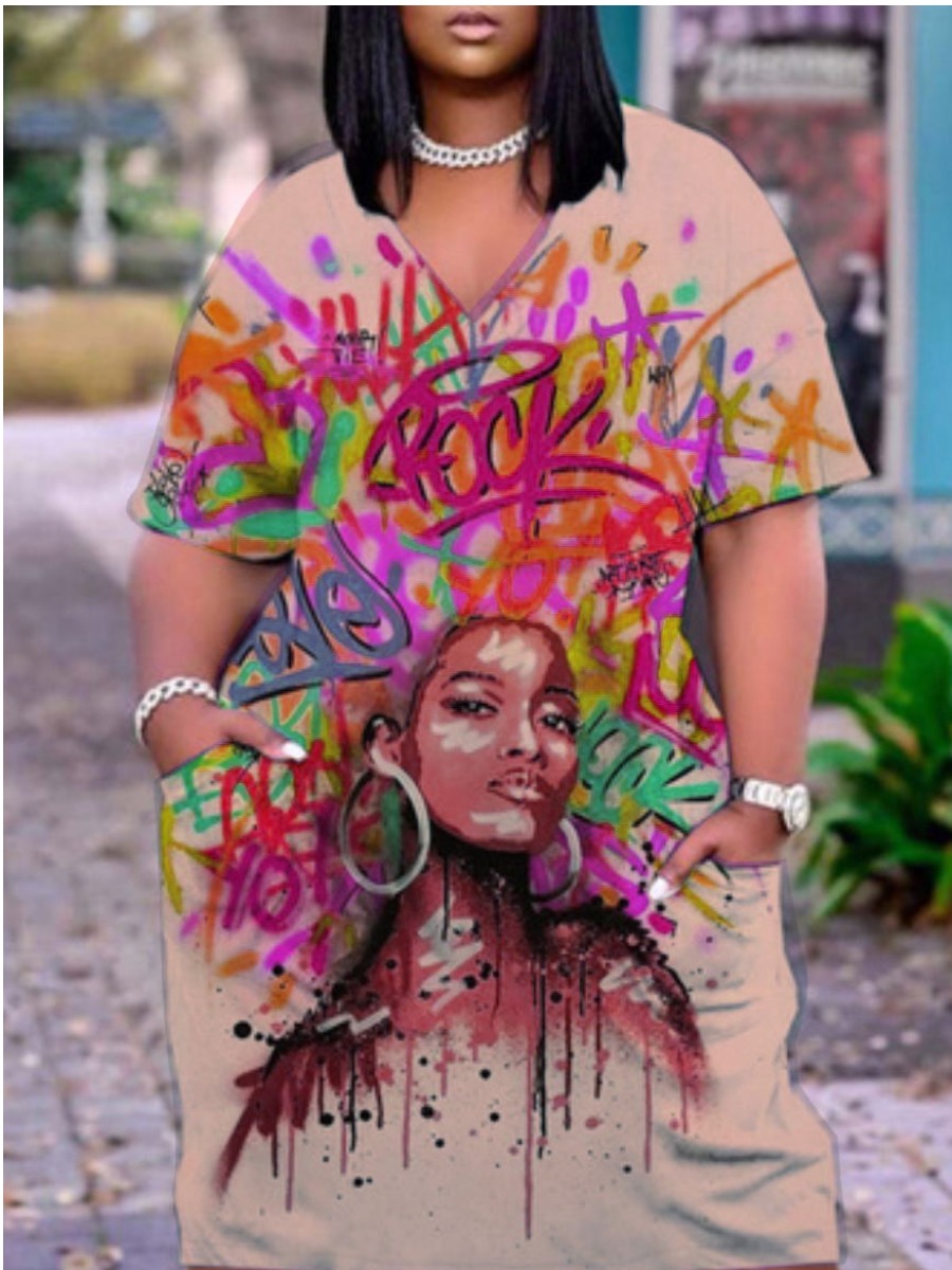 LW Plus Size Graffiti Figure Print Pocket Design Dress