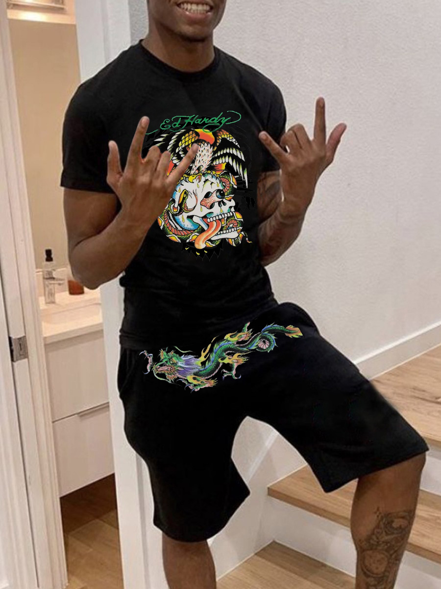 LW Men Skull Head Dragon Letter Print Shorts Set