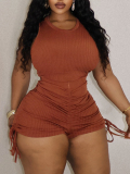 LW BASICS Plus Size Rib Knit Drawstring Shorts Set