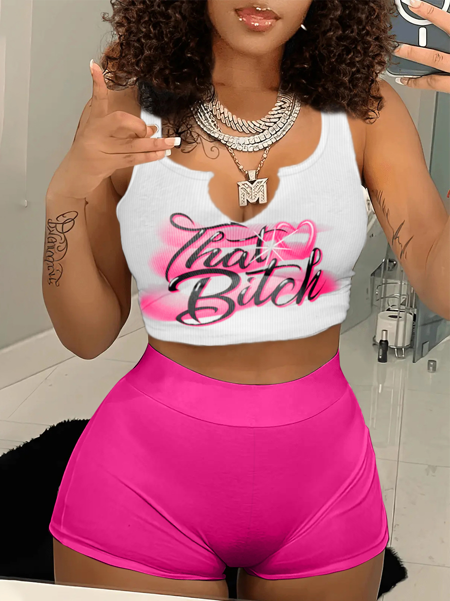 LW Crop Top Heart Letter Print Shorts Set