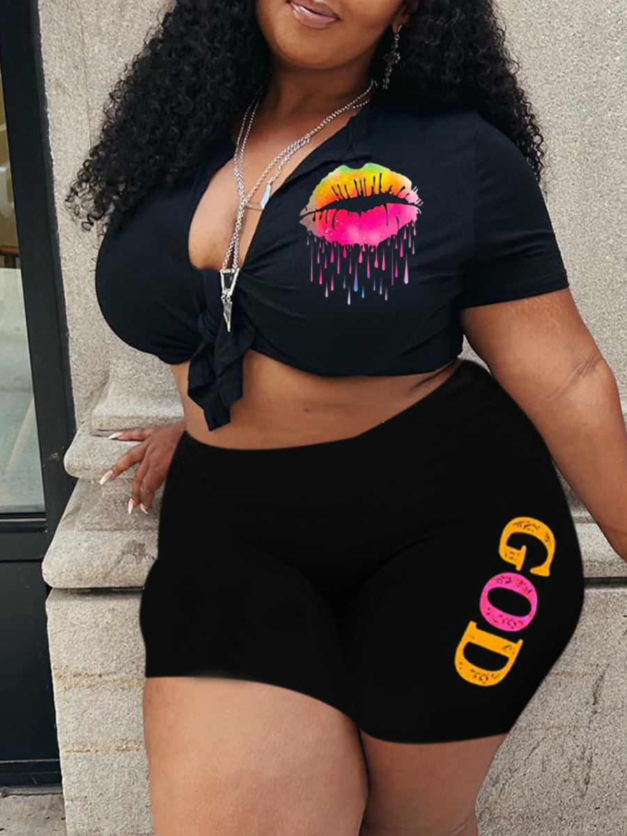 LW Plus Size Lip Letter Print Front Split Shorts Set