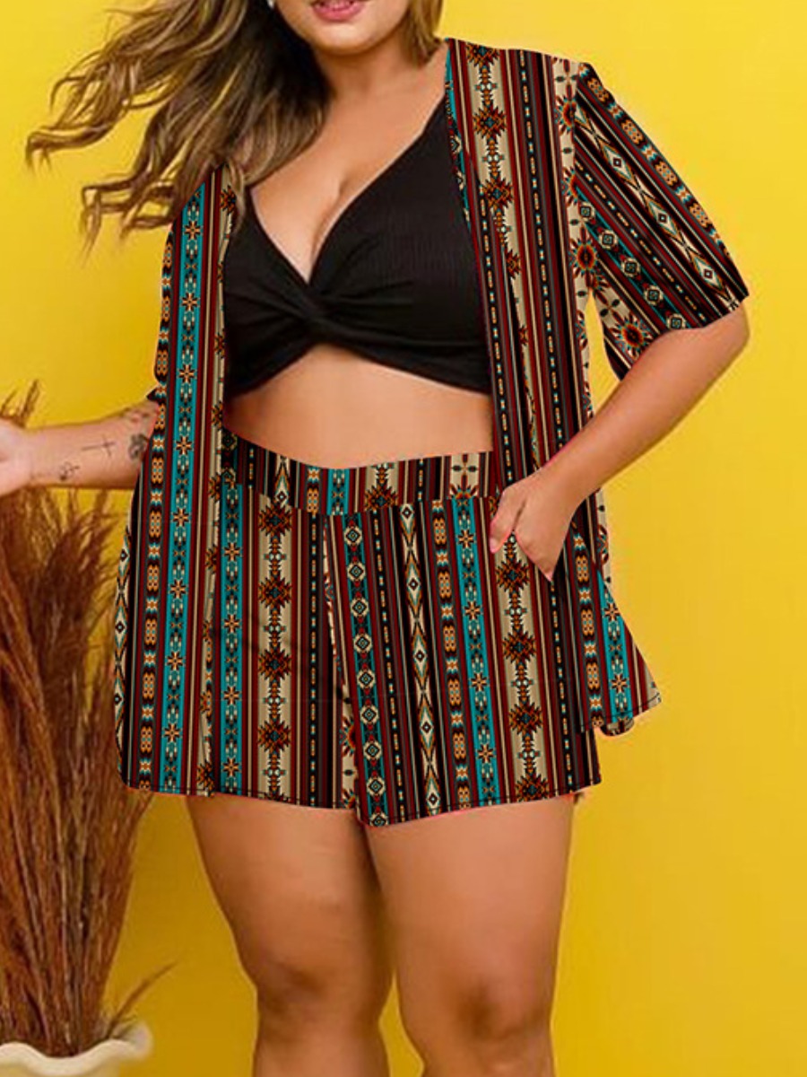 LW Plus Size Tribal Print Striped Shorts Set