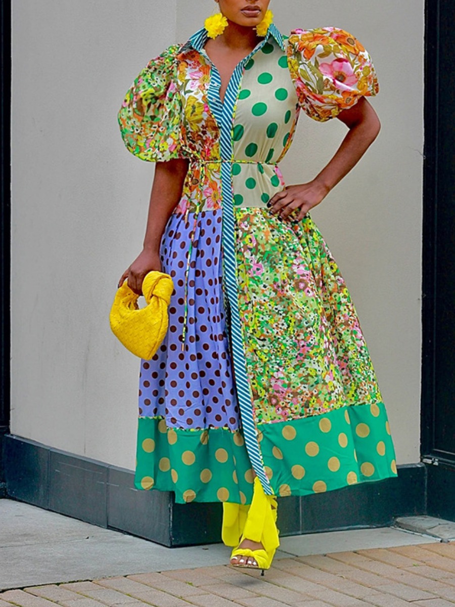 LW Plus Size Puff Sleve Mixed Print A Line Dress