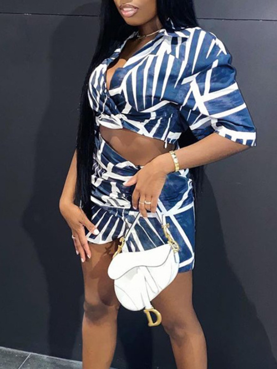 LW Turndown Collar Crop Top Striped Skirt Set