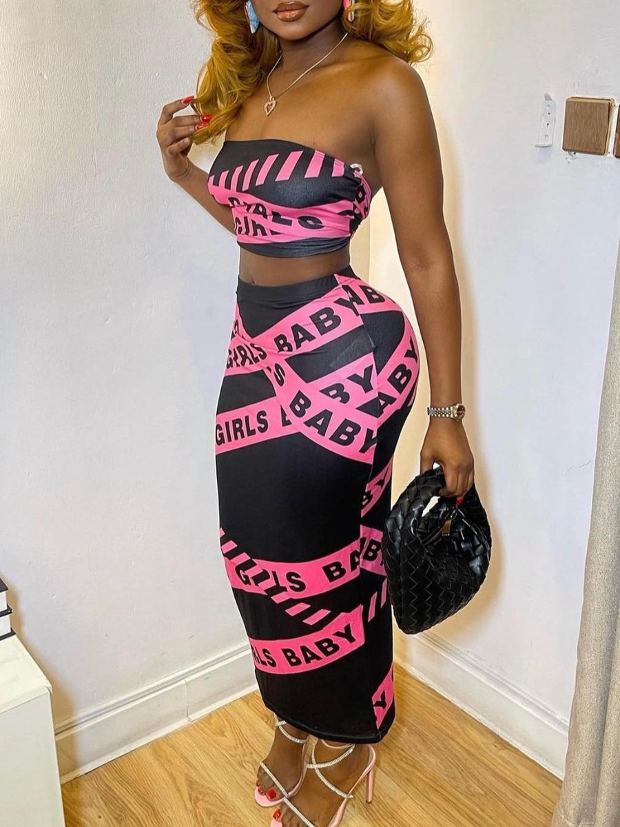 LW Tube Top Letter Print Skirt Set