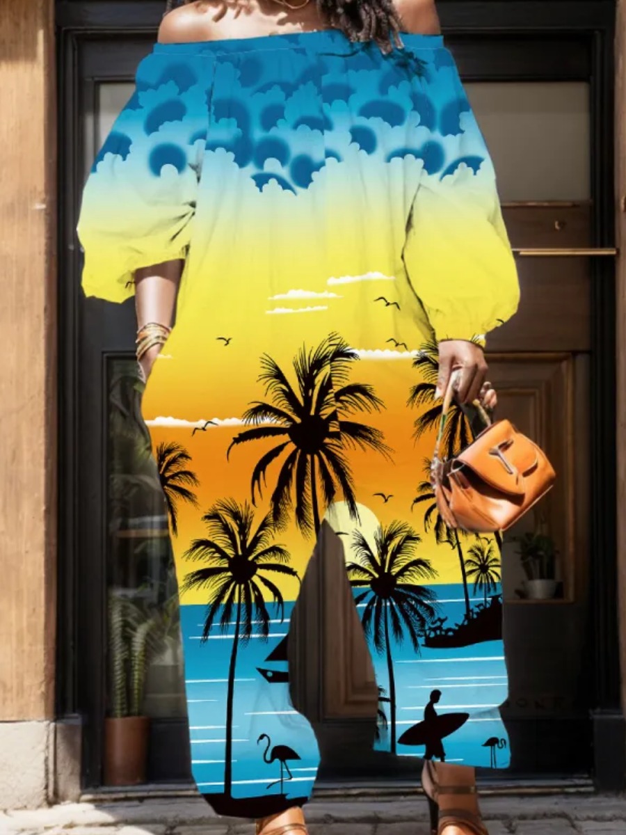 LW Plus Size Off The Shoulder Gradient Palm Tree Print Jumpsuit