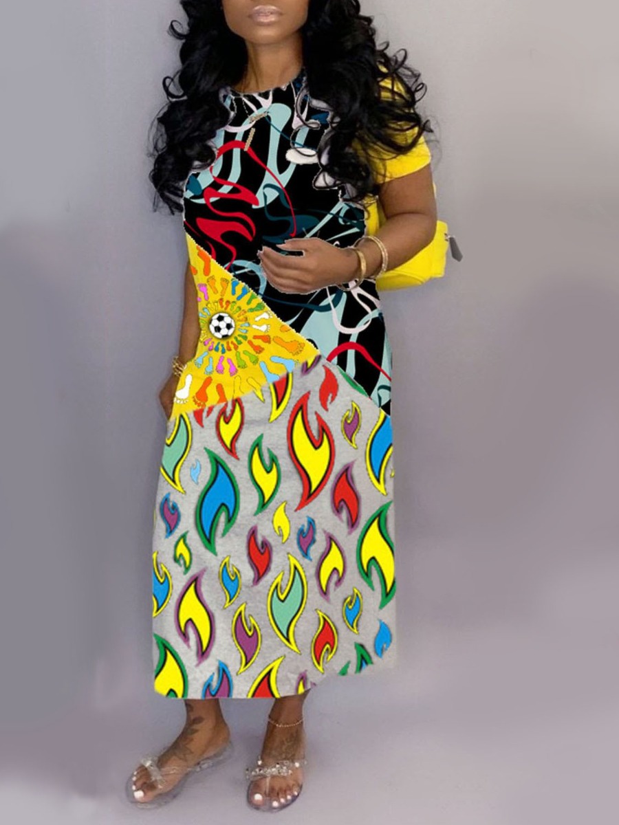 LW Round Neck Blaze Mixed Print Dress