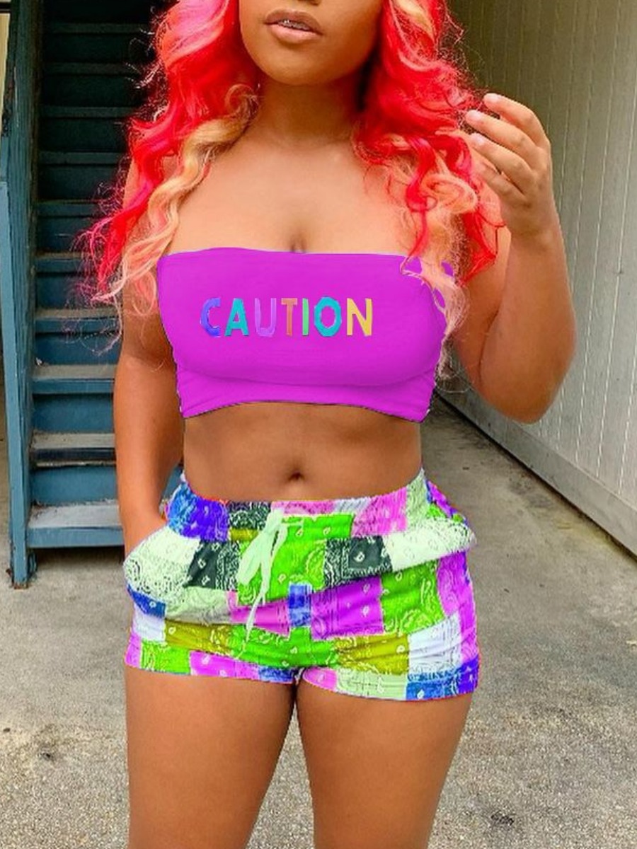 LW Tube Top Letter Cashew Print Drawstring Shorts Set