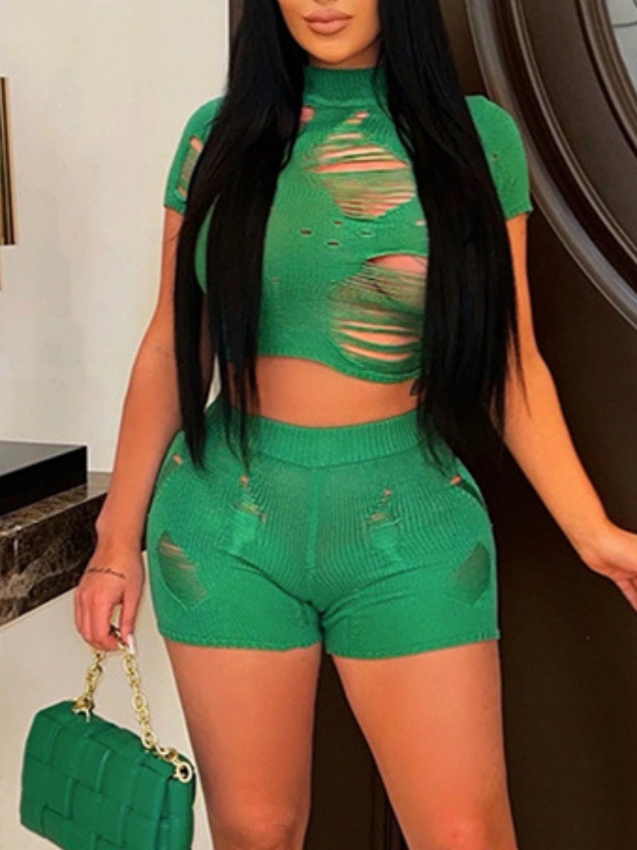 LW Crop Top Ripped Shorts Set