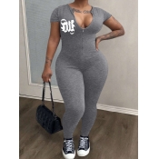 LW Plus Size Letter Print Zipper Design Jumpsuit