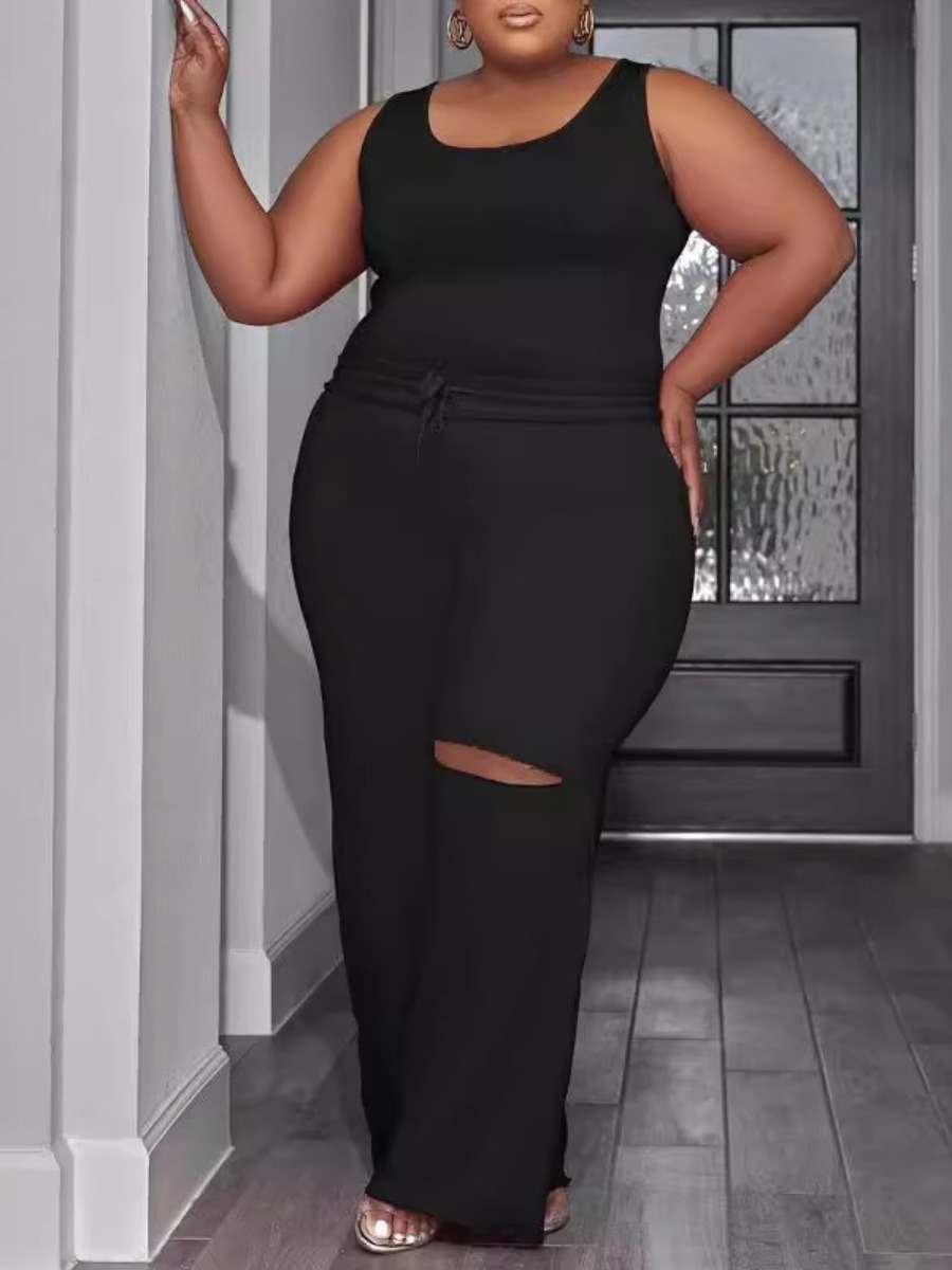 LW BASICS Plus Size Cami Ripped Pocket Design Pants Set