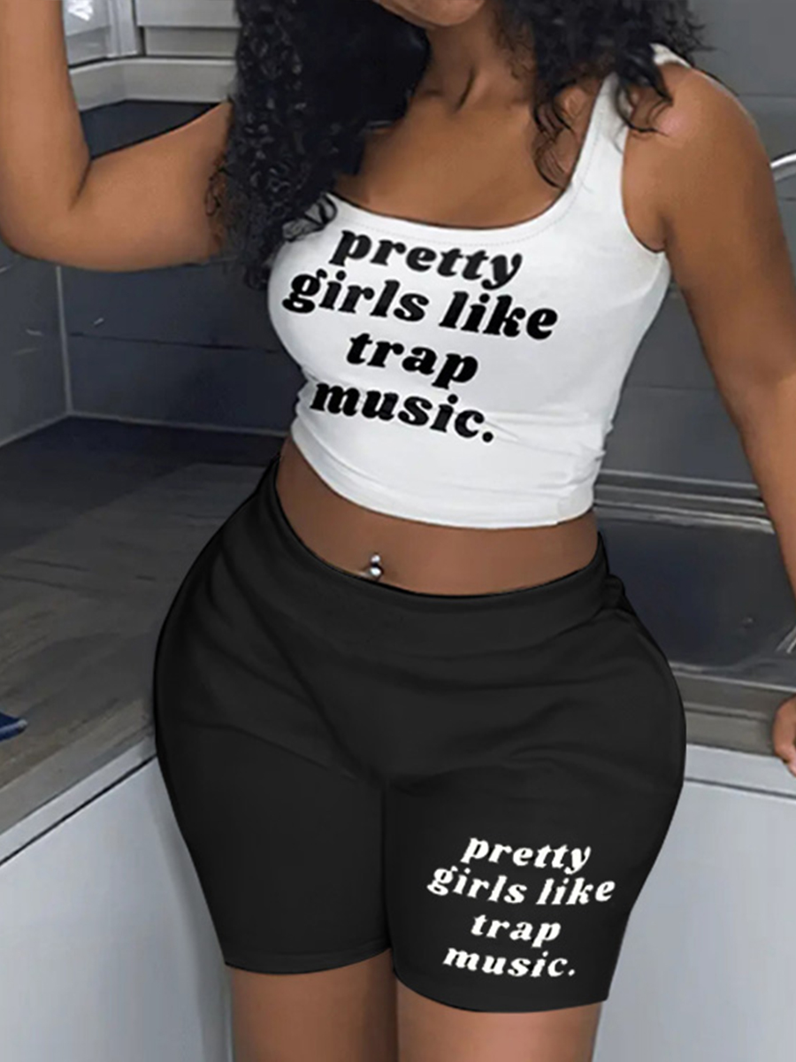 LW Crop Top Letter Print Shorts Set