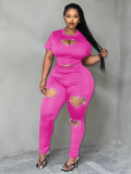 LW BASICS Plus Size Rhinestone Heart Cut Out Pants Set