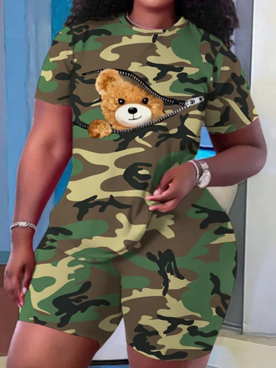 LW Plus Size Camo Teddy Bear Print Shorts Set