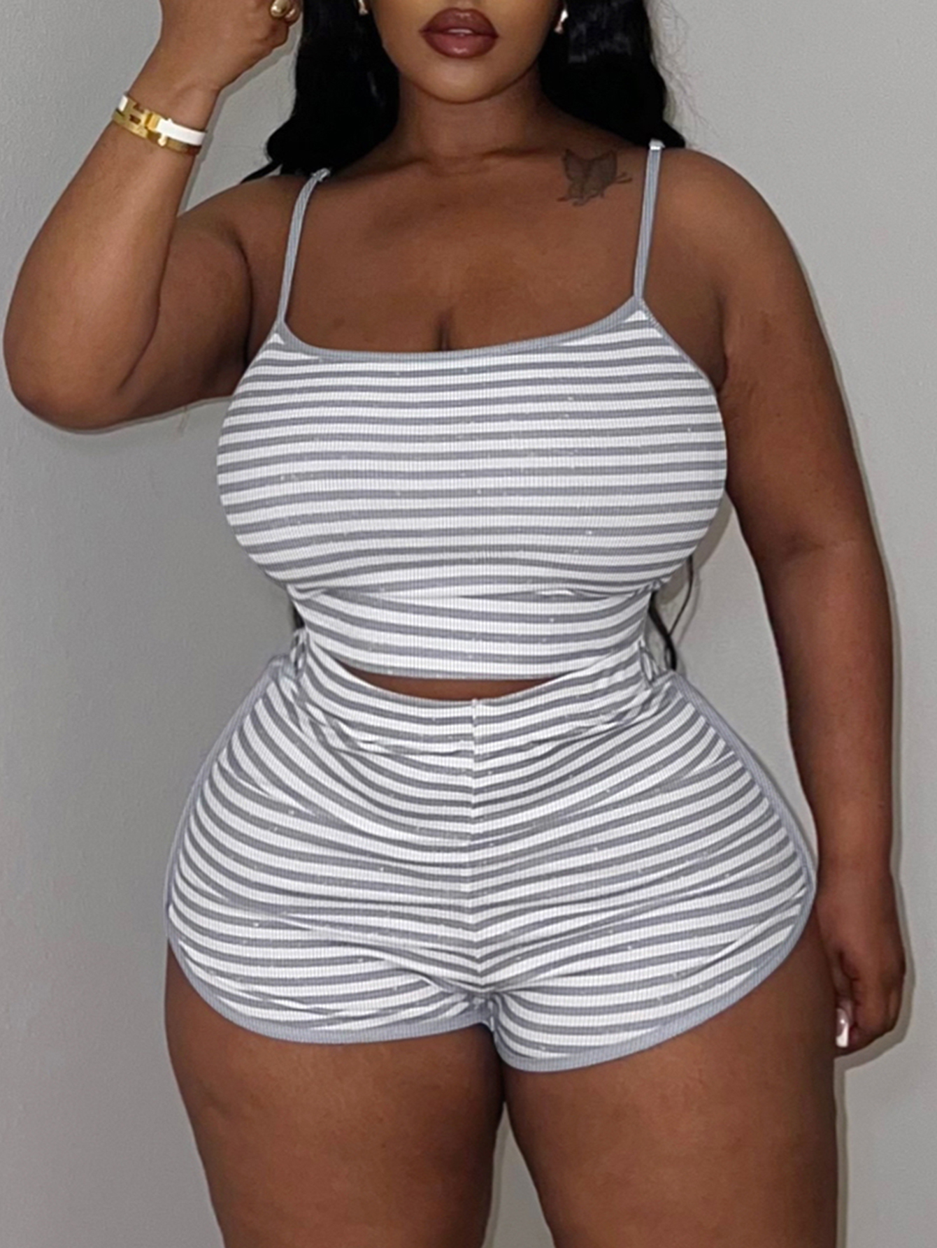 LW BASICS Plus Size Cami Striped Shorts Set