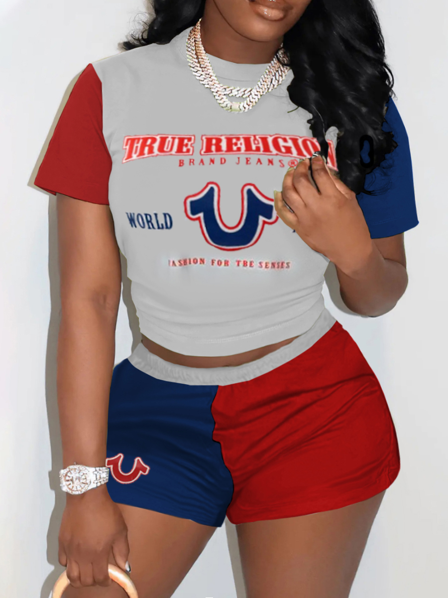 LW Plus Size Letter Print Patchwork Shorts Set