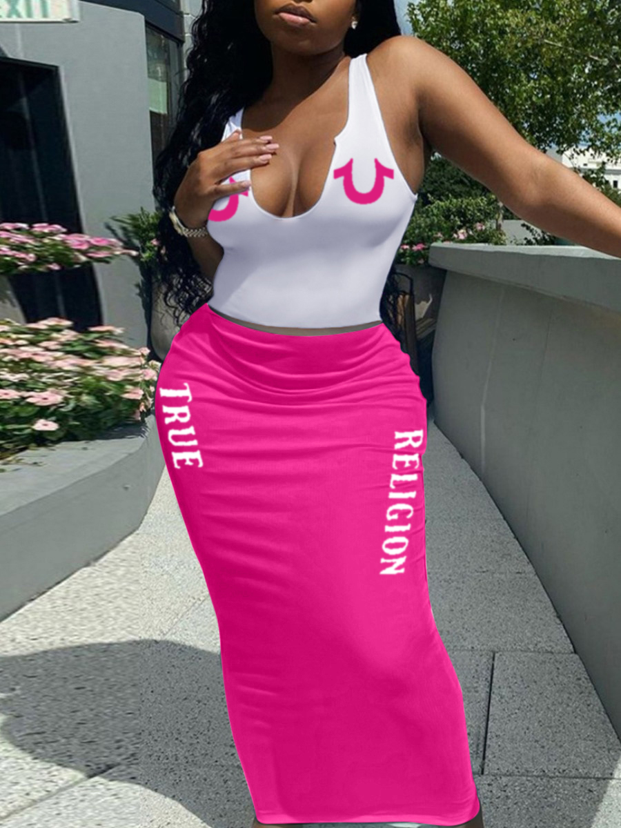 LW Plus Size U Neck Letter Print Skirt Set