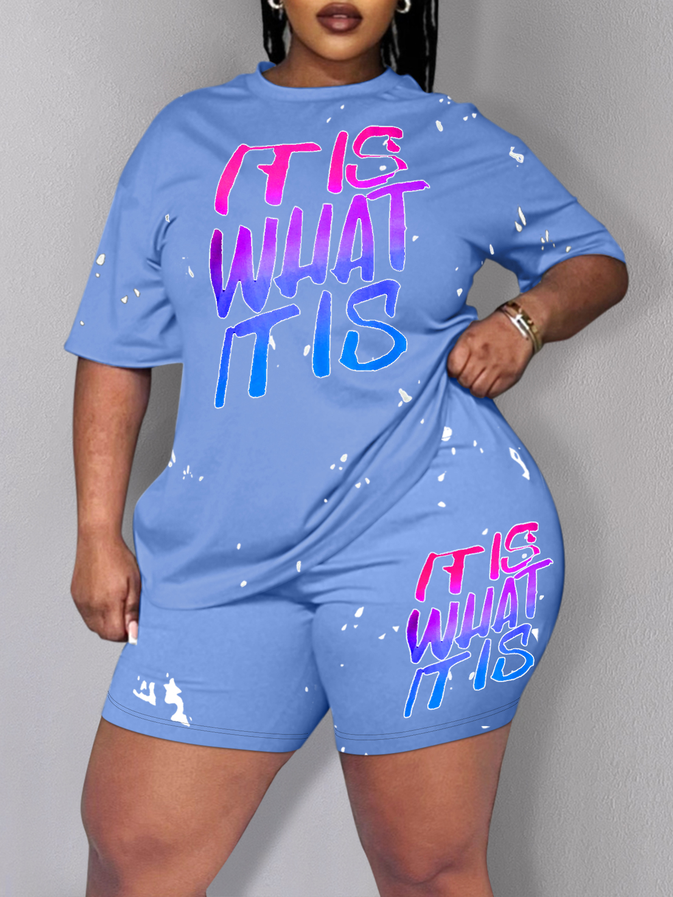 LW BASICS Plus Size Gradient Letter Print Shorts Set