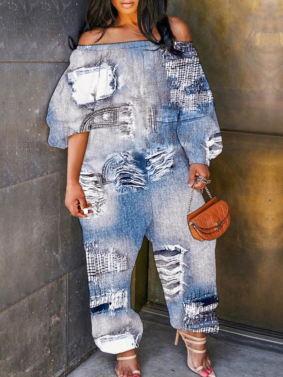 LW Plus Size Imitation Denim Off The Shoulder Loose Jumpsuit