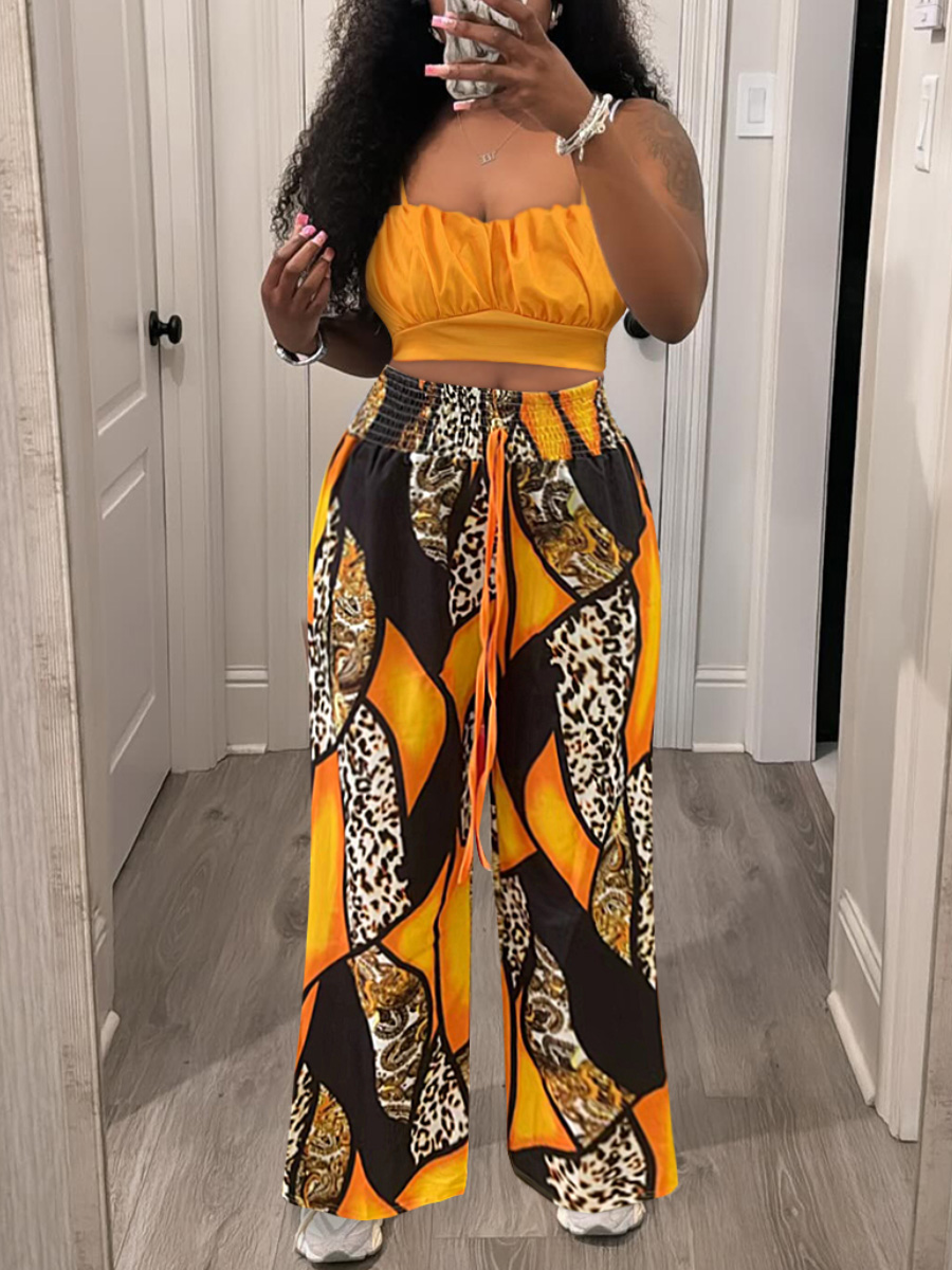 LW Plus Size Ruched Crop Top Leopard Print Wide Leg Pants Set