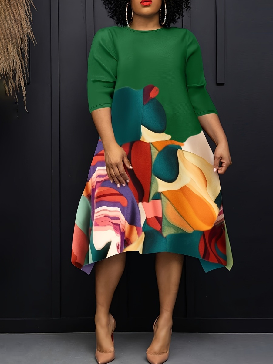 LW Plus Size Round Neck Mixed Print A Line Dress