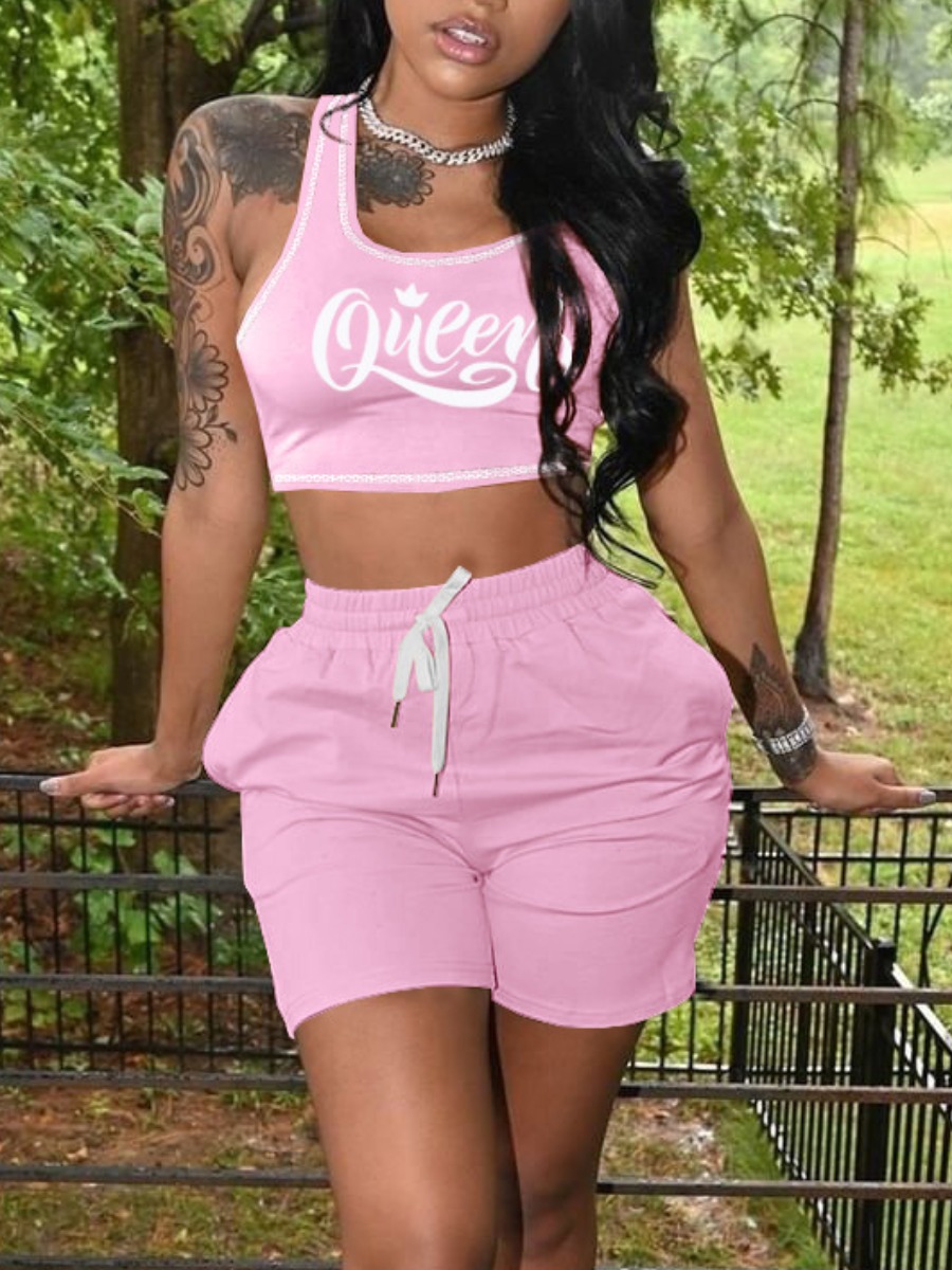 LW Crop Top Queen Letter Print Drawstring Shorts Set