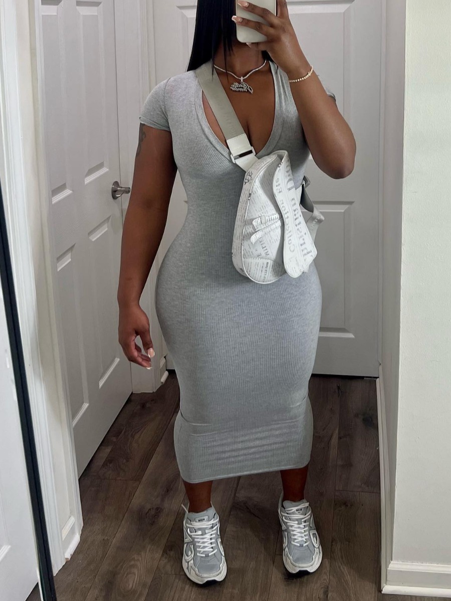 LW BASICS V Neck Rib Knit Bodycon Dress