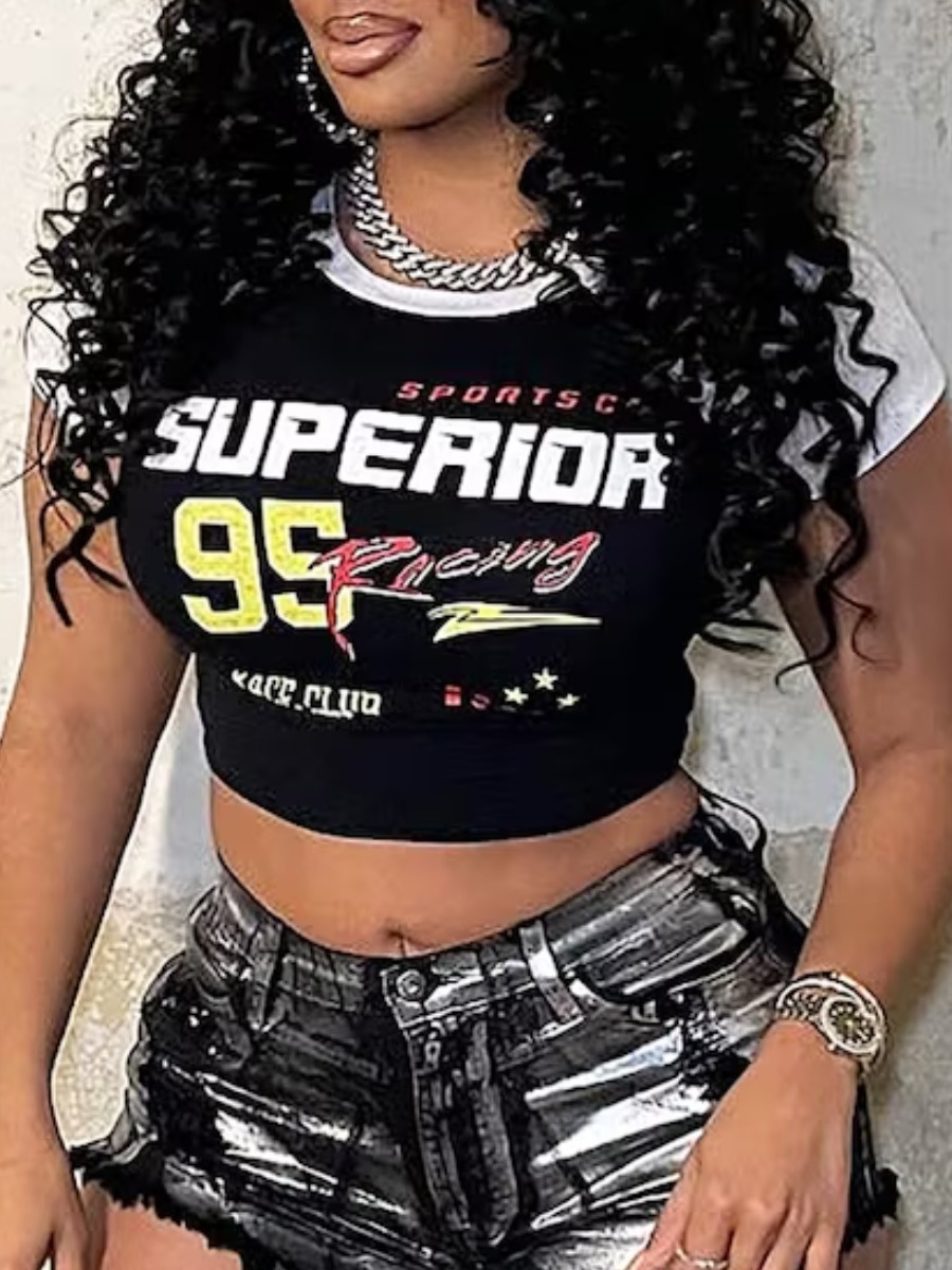 LW Crop Top Star Letter Print T-shirt