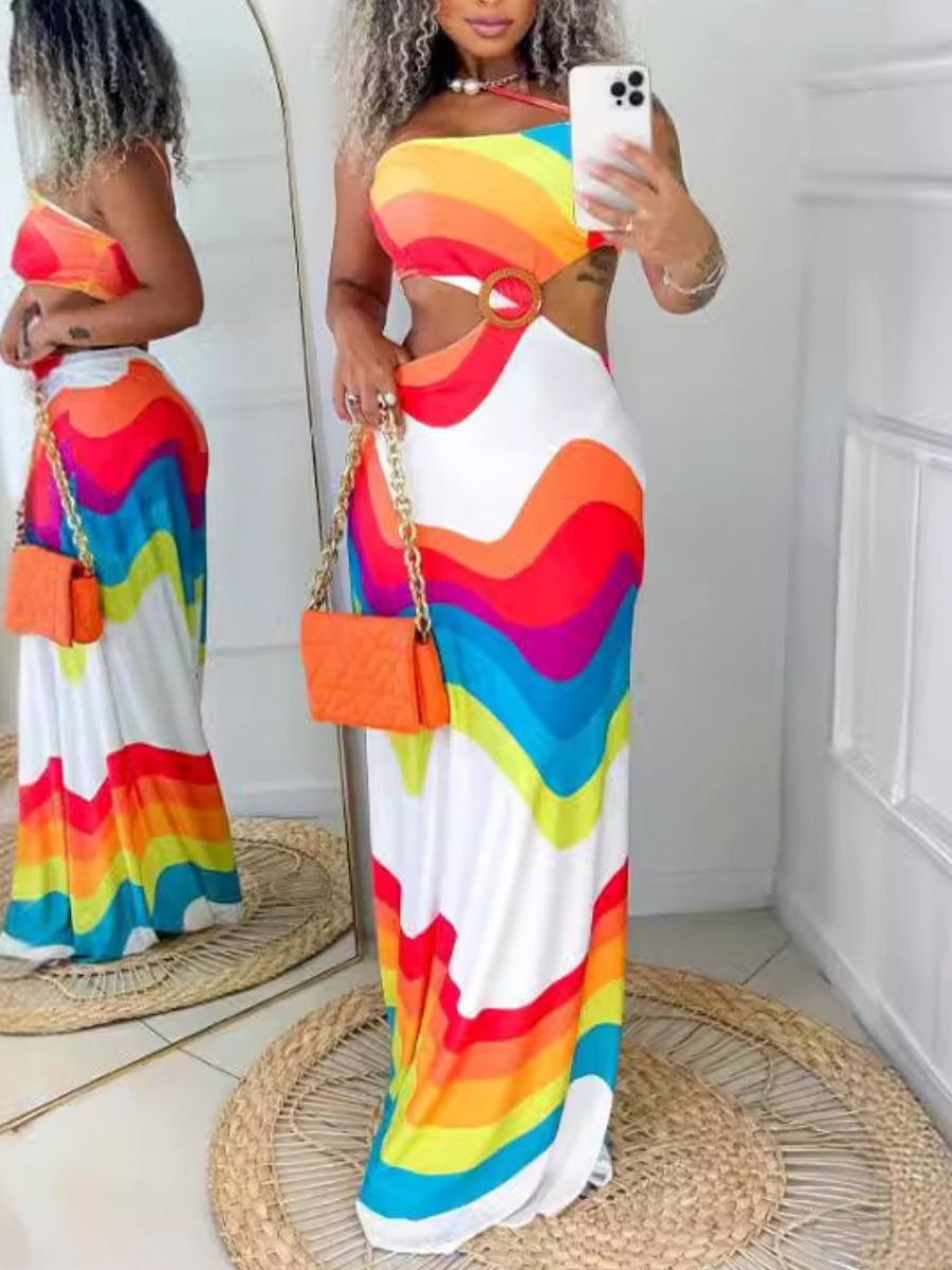 LW Rainbow Striped Ring Decor Cut Out Cami Dress