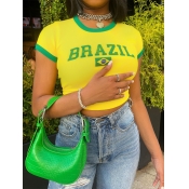 LW Crop Top Letter Print Rib Knit T-shirt