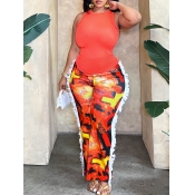 LW Plus Size Cami Mixed Print Ruffle Trim Pants Se