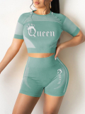LW Crop Top Crown Queen Letter Print Shorts Set