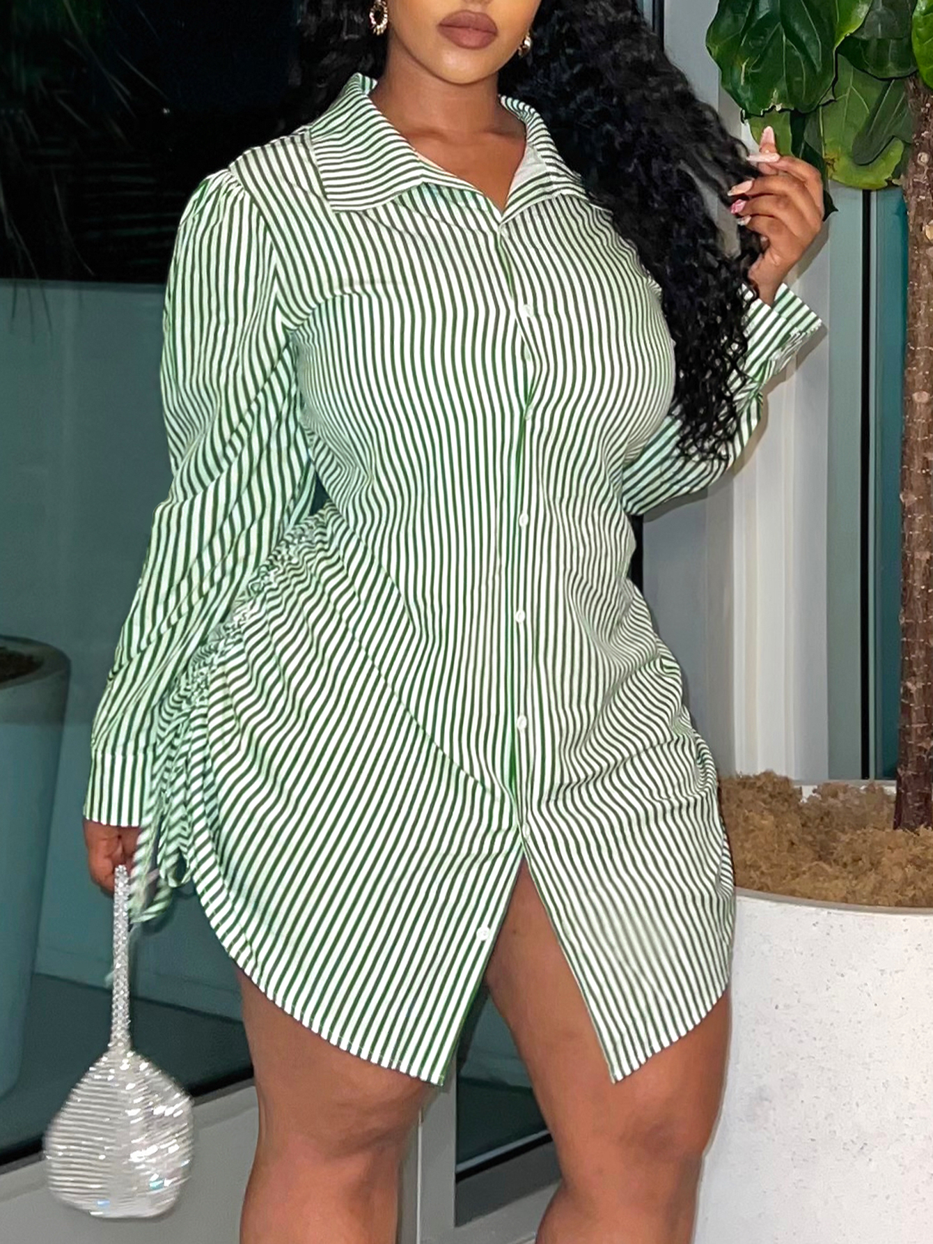LW Plus Size Drawstring Striped Shirt Dress