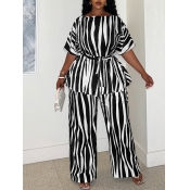 LW BASICS Plus Size Striped Belt Design Pants Set