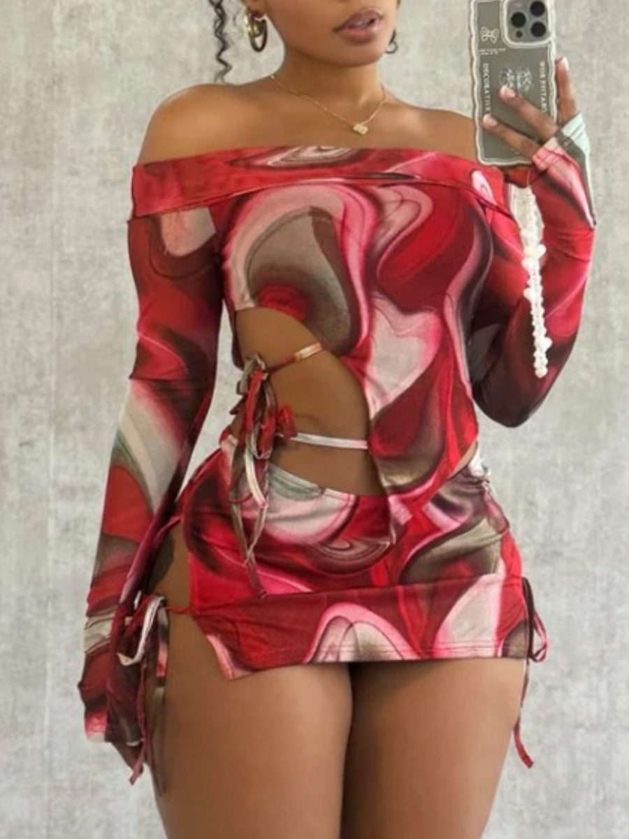 LW Off The Shoulder Gradient Bandage Design Skirt Set