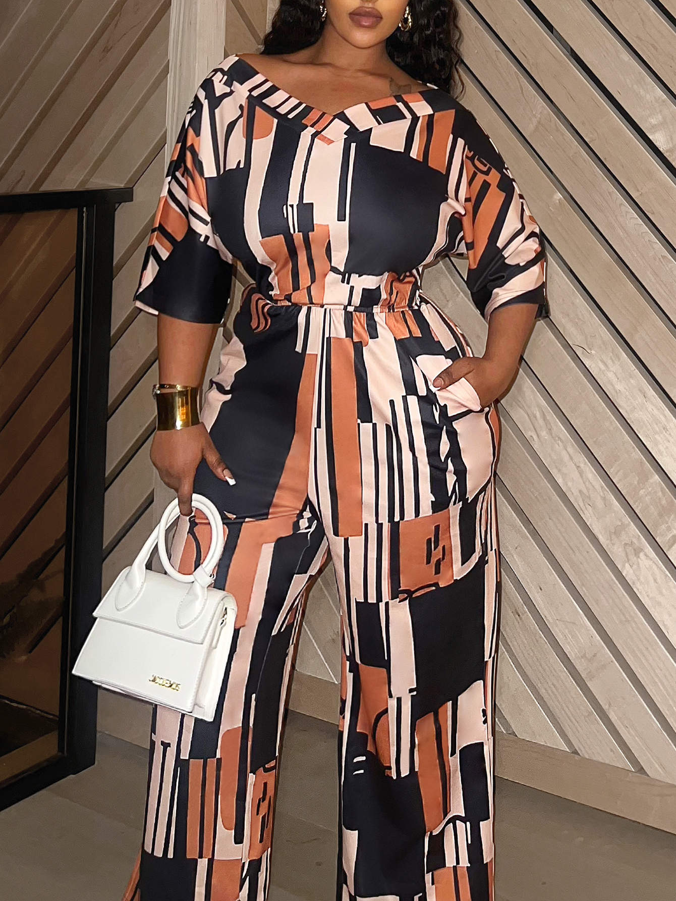 LW BASICS Plus Size V Neck Mixed Print Jumpsuit