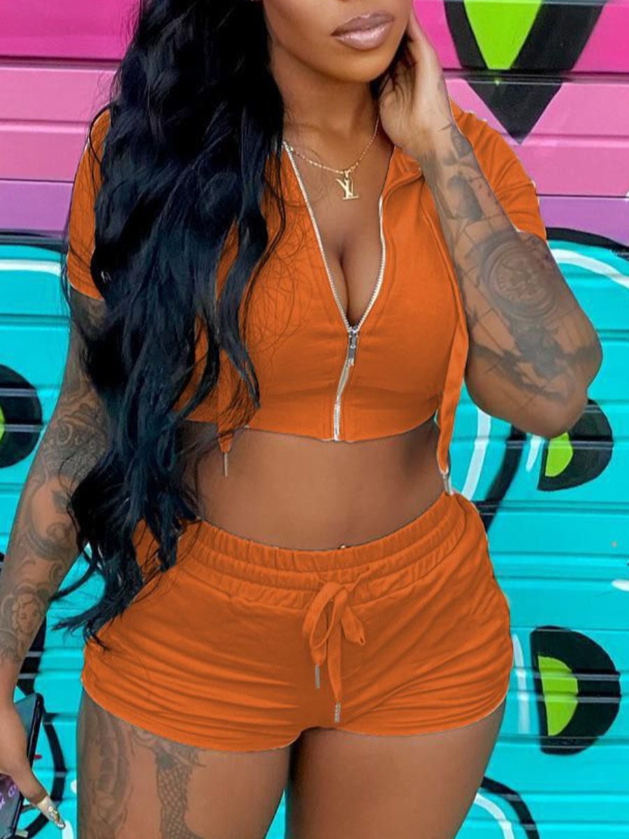 LW BASICS Bandage Design Zipper Solid Color Two-piece Shorts Set