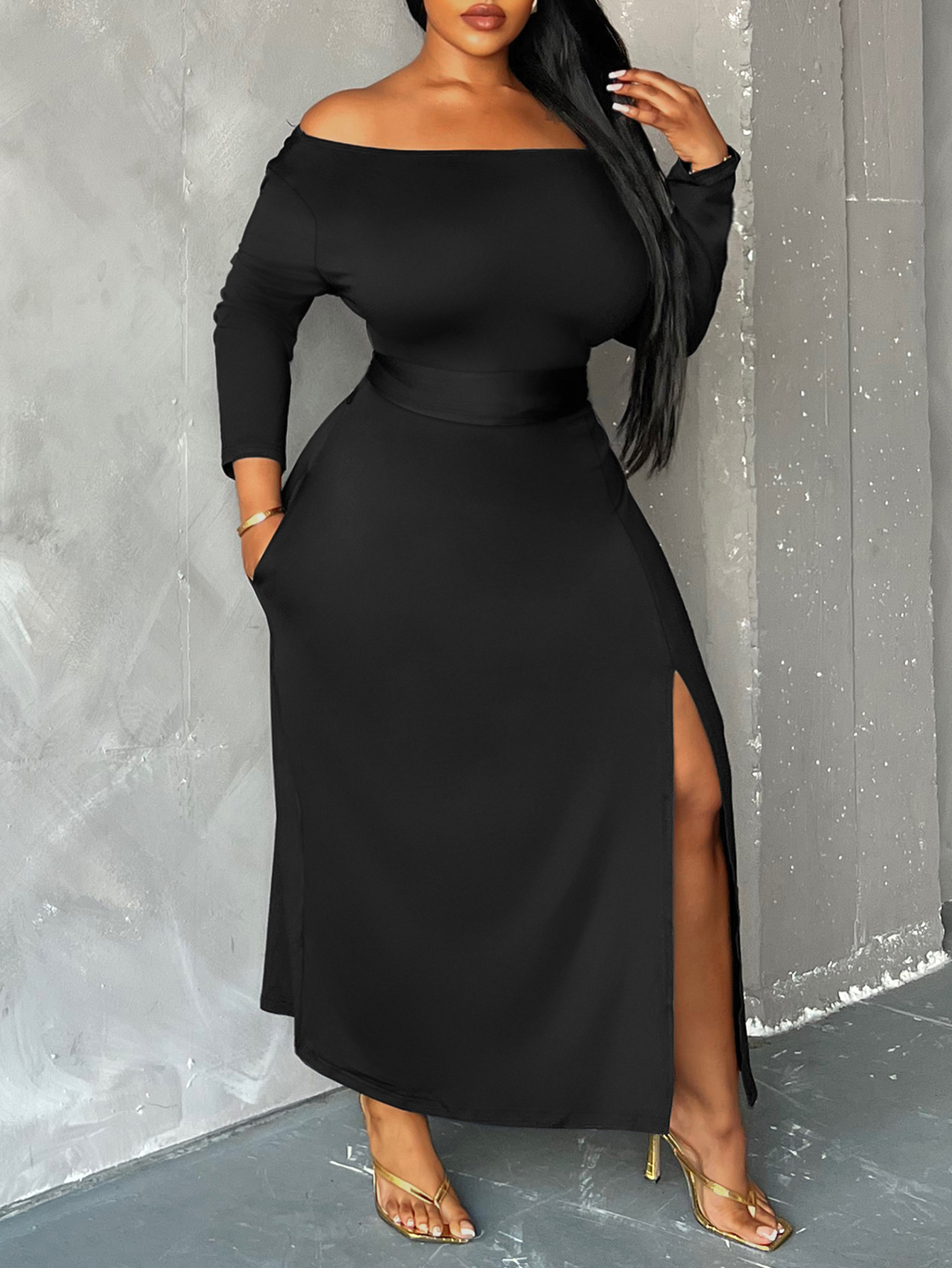 LW BASICS Plus Size Off The Shoulder Thigh Slit Pocket Design Dress