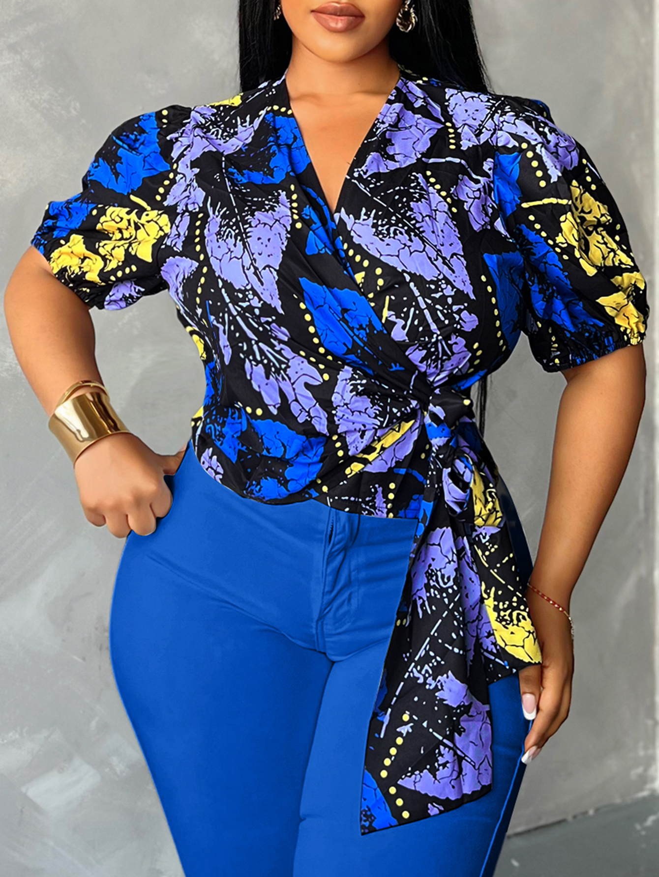 LW BASICS Plus Size Mixed Print Bandage Design Blouse