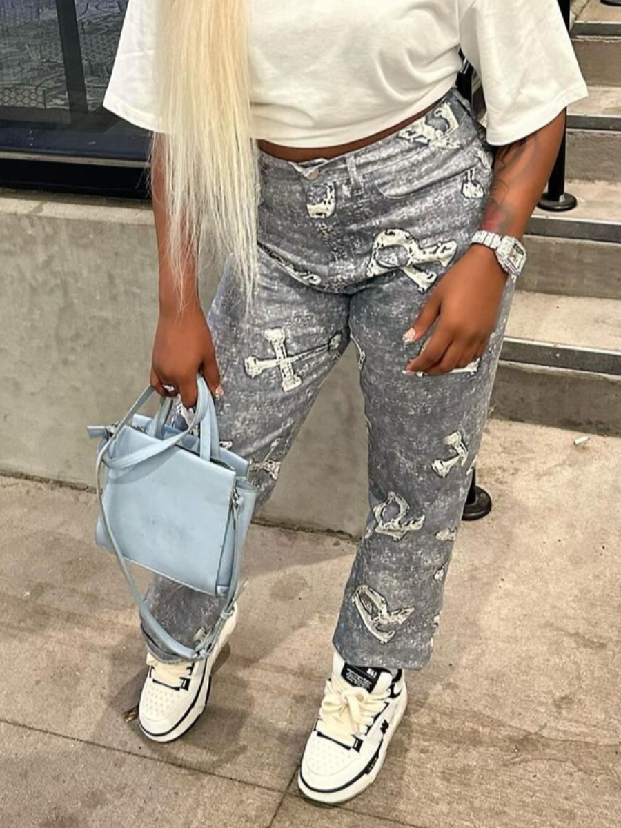 LW Distressed Geometric Pattern Micro Elasticity Jeans