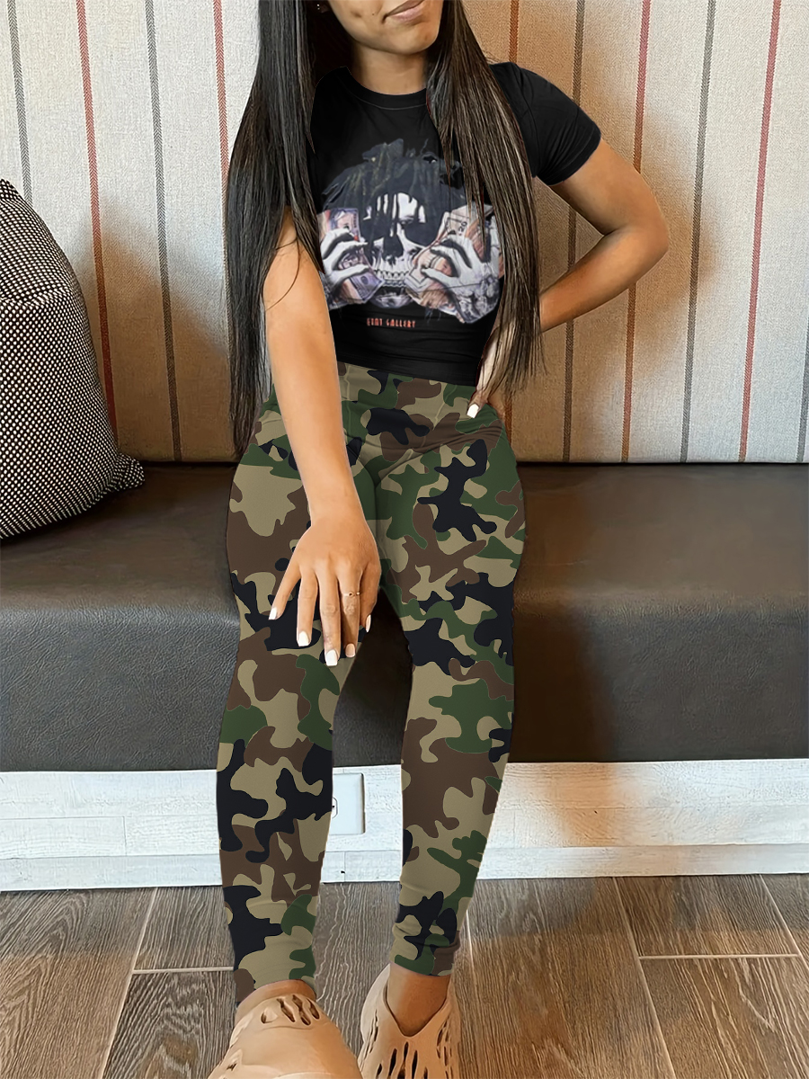LW Pattern Camo Skull Head Print Money Two-piece Pants Set