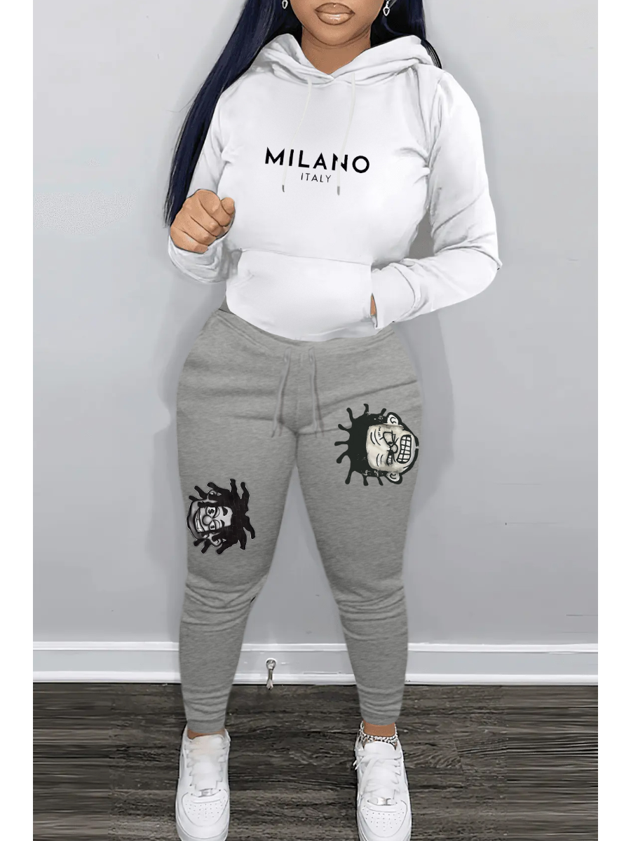 LW Pattern Letter Cartoon Print Two-piece Pants Set