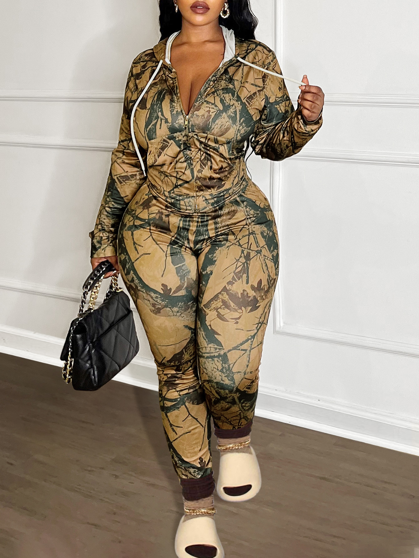 LW Plus Size Hooded Collar Mixed Print Tracksuit Set