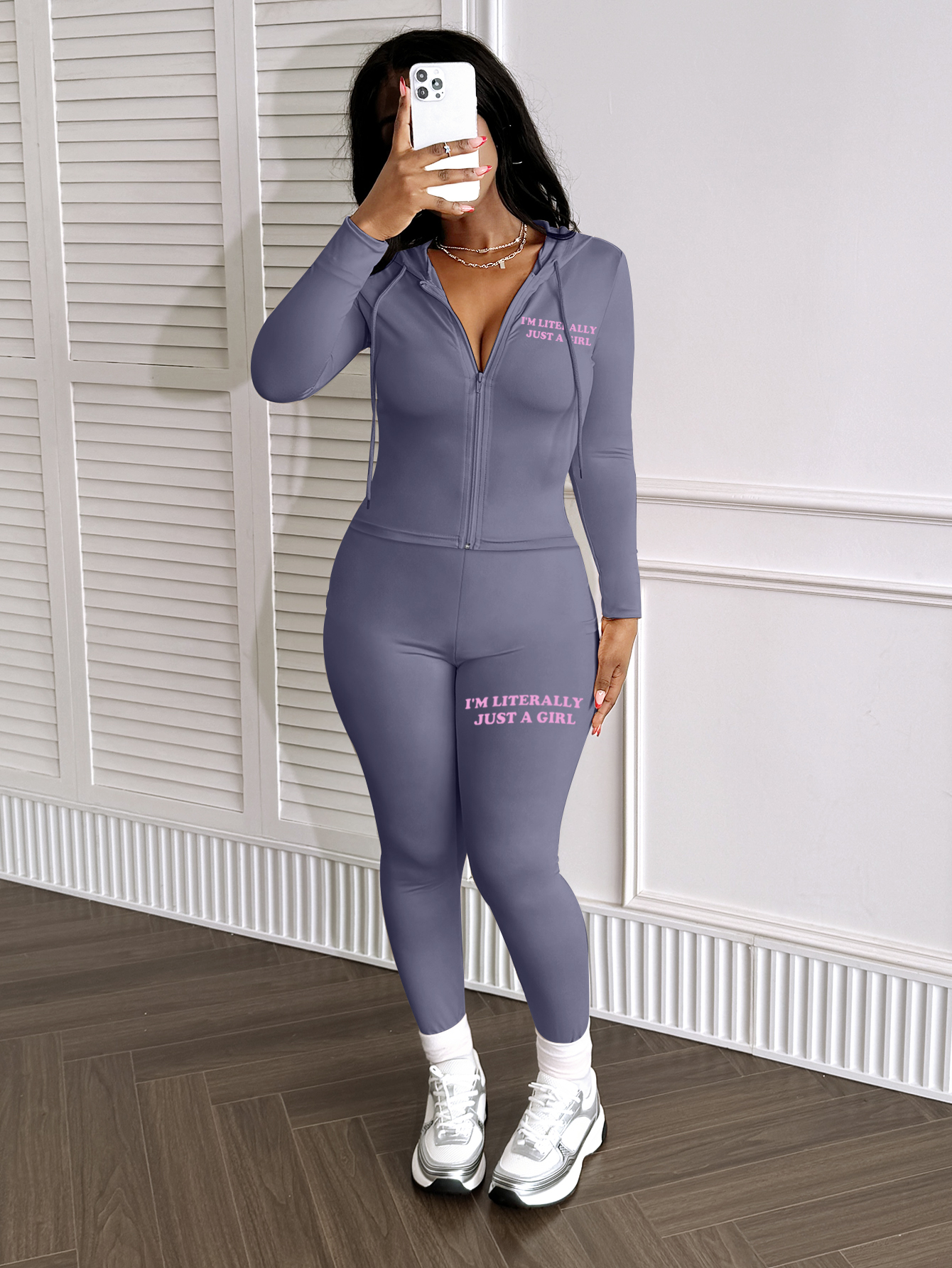LW BASICS Casual Milk Fiber Hooded Collar Letter Long Sleeve Two-piece Pants Set