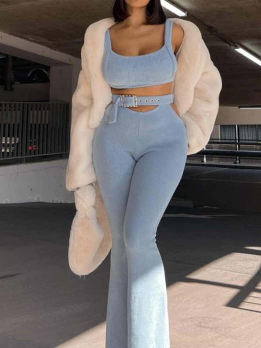 LW Casual Polyester U Neck Bandage Design Cut Out Solid Color Sleeveless Two-piece Pants Set