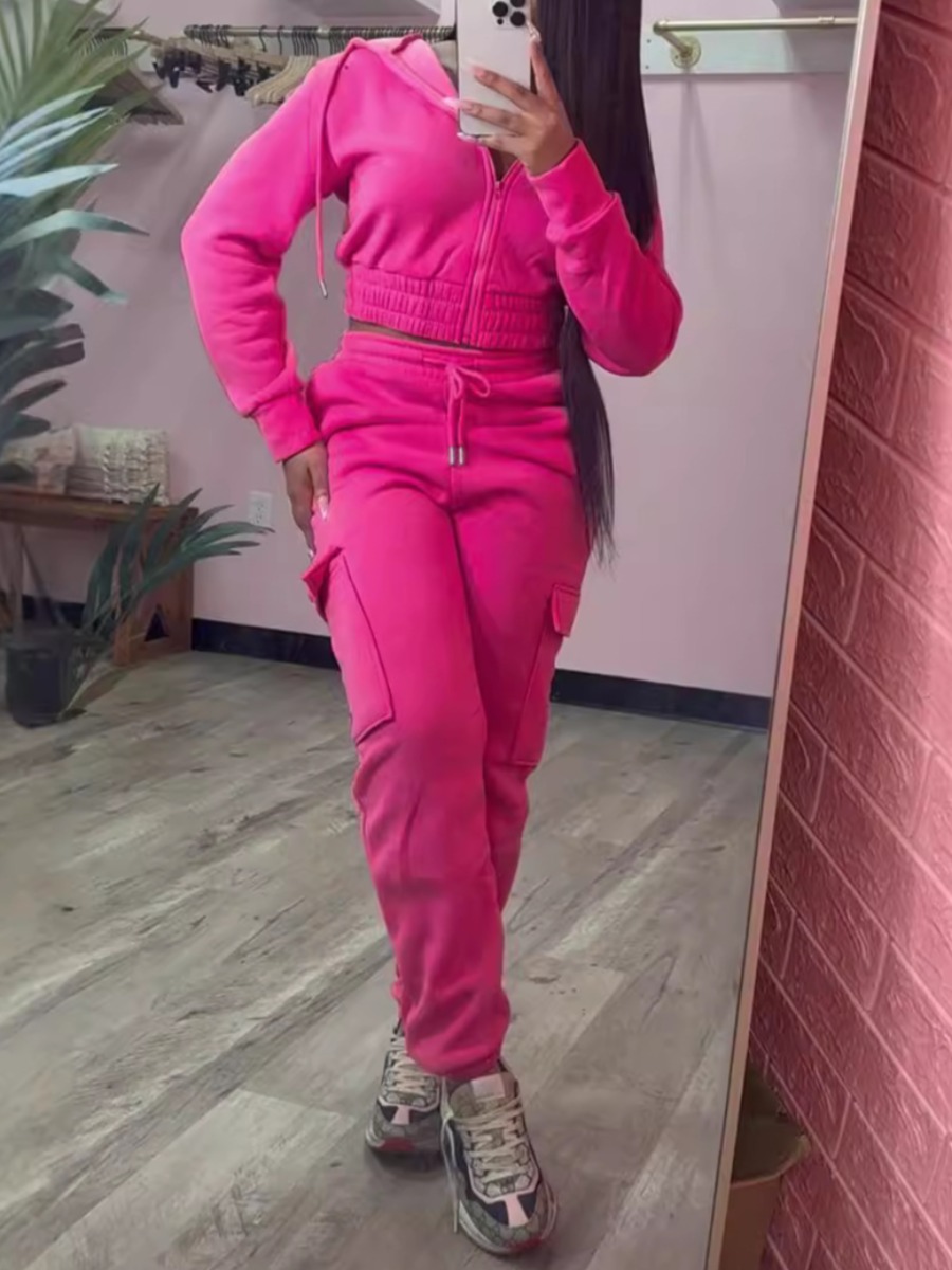 LW Casual Polyester Hooded Collar Drawstring Pocket Design Solid Color Long Sleeve Two-piece Pants Set