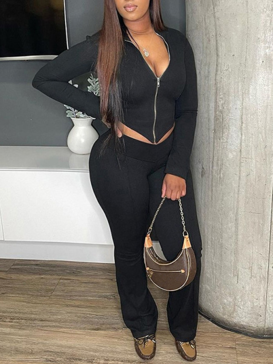 LW BASICS Zipper Design Solid Color Two-piece Pants Set