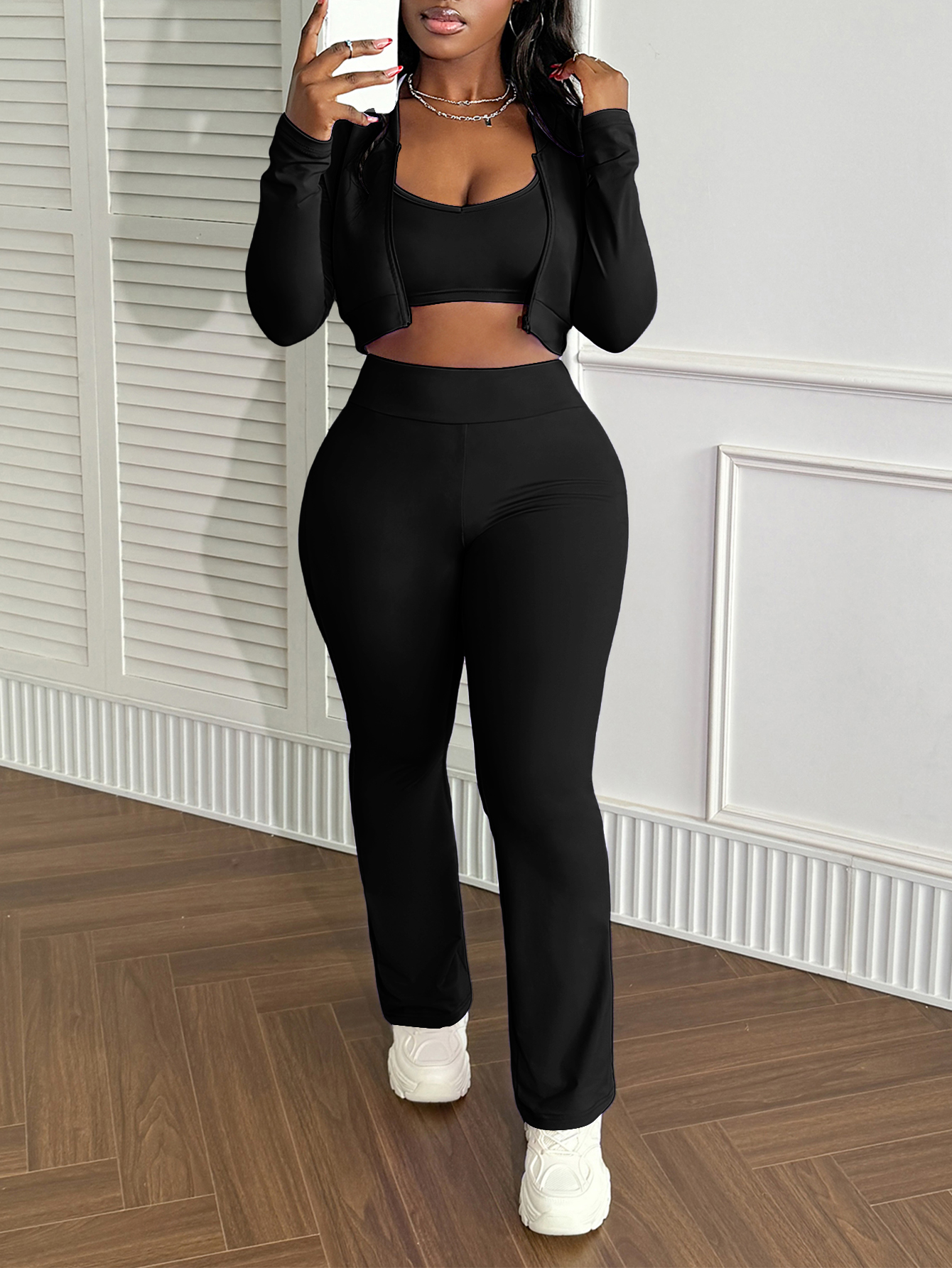 LW BASICS Sporty Nylon V Neck Solid Color Long Sleeve Two-piece Pants Set