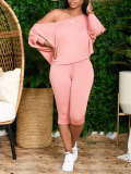 LW BASICS Casual Polyester One Shoulder Solid Color Three Quarter Two-piece Pants Set